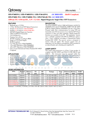 SPB-9740RWG datasheet - 1550 nm TX / 1310 nm RX , 3.3V / 3.2 Gb/s Digital Diagnostic Single-Fiber SFP Transceiver