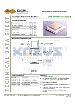 NL2063T-02AB datasheet - Thermoelectric Cooler