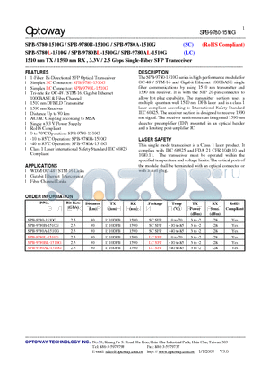 SPB-9780A-1510G datasheet - 1510 nm TX / 1590 nm RX , 3.3V / 2.5 Gbps Single-Fiber SFP Transceiver