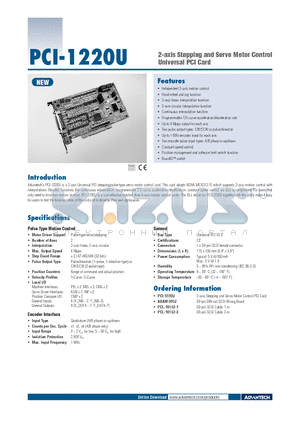 PCI-1220U datasheet - 2-axis Stepping and Servo Motor Control Universal PCI Card