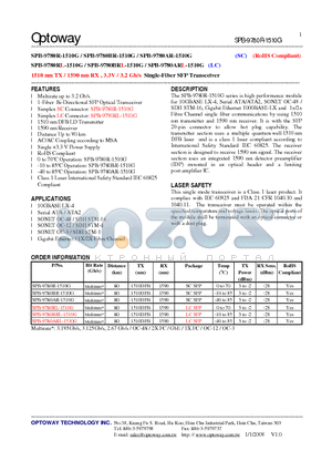 SPB-9780ARL-1510G datasheet - 1510 nm TX / 1590 nm RX , 3.3V / 3.2 Gb/s Single-Fiber SFP Transceiver