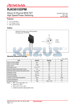 RJK5015DPM datasheet - Silicon N Channel MOS FET High Speed Power Switching