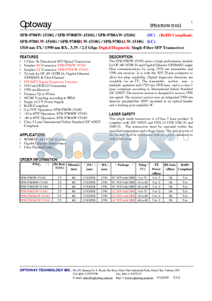 SPB-9780AW-1510G datasheet - 1510 nm TX / 1590 nm RX , 3.3V / 2.5 Gbps Digital Diagnostic Single-Fiber SFP Transceiver