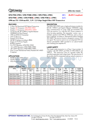 SPB-9780B-1590G datasheet - 1590 nm TX / 1510 nm RX , 3.3V / 2.5 Gbps Single-Fiber SFP Transceiver