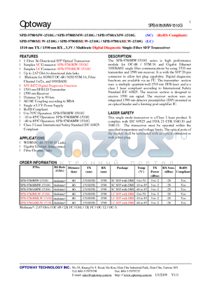 SPB-9780BMLW-1510G datasheet - 1510 nm TX / 1590 nm RX , 3.3V / Multirate Digital Diagnostic Single-Fiber SFP Transceiver