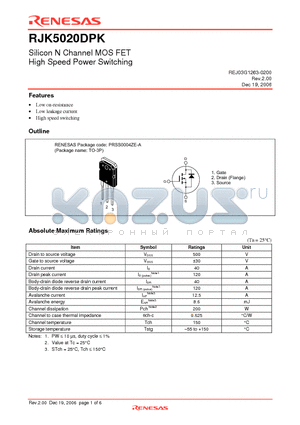RJK5020DPK datasheet - Silicon N Channel MOS FET High Speed Power Switching