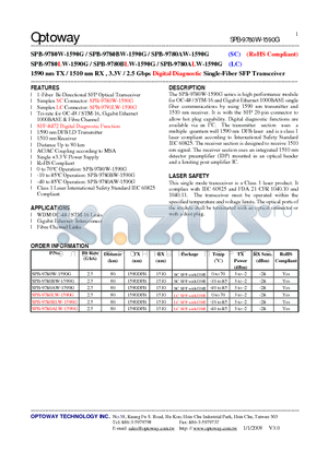 SPB-9780BLW-1590G datasheet - 1590 nm TX / 1510 nm RX , 3.3V / 2.5 Gbps Digital Diagnostic Single-Fiber SFP Transceiver