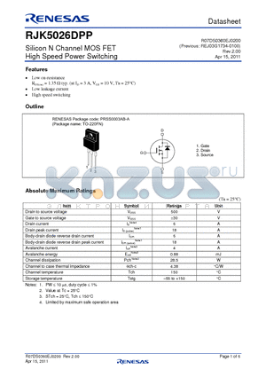 RJK5026DPP datasheet - Silicon N Channel MOS FET High Speed Power Switching