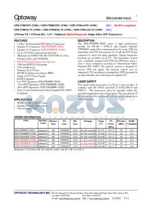 SPB-9780BMLW-1590G datasheet - 1590 nm TX / 1510 nm RX , 3.3V / Multirate Digital Diagnostic Single-Fiber SFP Transceiver