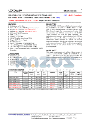 SPB-9780BR-1510G datasheet - 1510 nm TX / 1590 nm RX , 3.3V / 3.2 Gb/s Single-Fiber SFP Transceiver