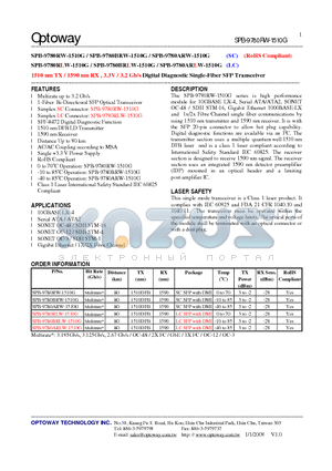 SPB-9780BRLW-1510G datasheet - 1510 nm TX / 1590 nm RX , 3.3V / 3.2 Gb/s Digital Diagnostic Single-Fiber SFP Transceiver