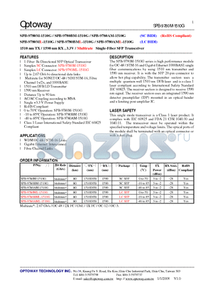 SPB-9780BML-1510G datasheet - 1510 nm TX / 1590 nm RX , 3.3V / Multirate Single-Fiber SFP Transceiver