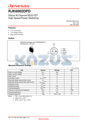 RJK6002DPD-00-J2 datasheet - Silicon N Channel MOS FET High Speed Power Switching