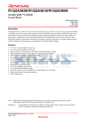 R1Q2A3636ABG-40R datasheet - 36-Mbit QDR™II SRAM 2-word Burst