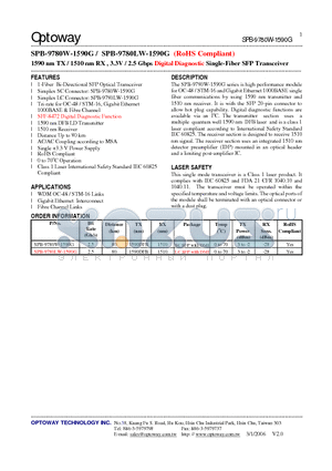 SPB-9780LW-1590G datasheet - 1590 nm TX / 1510 nm RX , 3.3V / 2.5 Gbps Digital Diagnostic Single-Fiber SFP Transceiver