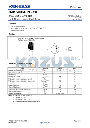 RJK6006DPP-E0 datasheet - 600V - 5A - MOS FET High Speed Power Switching