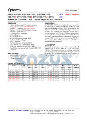 SPB-9780L-1590G datasheet - 1590 nm TX / 1510 nm RX , 3.3V / 2.5 Gbps Single-Fiber SFP Transceiver