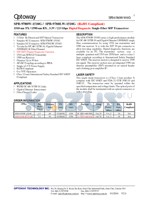 SPB-9780LW-1510G datasheet - 1510 nm TX / 1590 nm RX , 3.3V / 2.5 Gbps Digital Diagnostic Single-Fiber SFP Transceiver