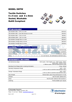 SWTW-R datasheet - Tactile Switches 6 x 6 mm and 8 x 8mm Sealed, Washable RoHS Compliant