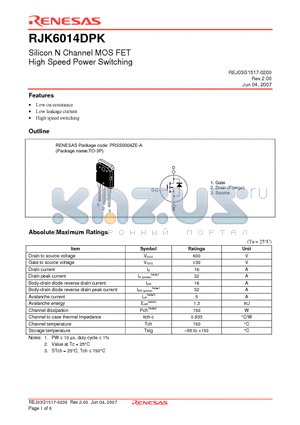 RJK6014DPK-00-T0 datasheet - Silicon N Channel MOS FET High Speed Power Switching