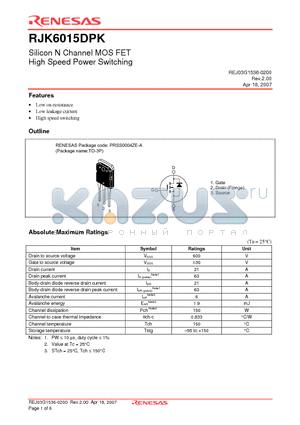 RJK6015DPK datasheet - Silicon N Channel MOS FET High Speed Power Switching