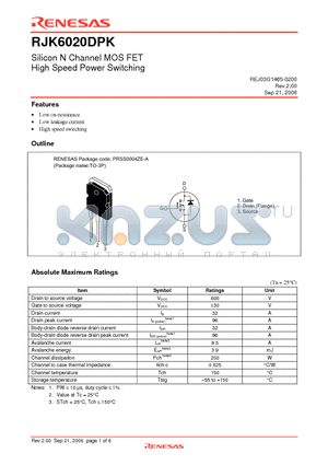 RJK6020DPK datasheet - Silicon N Channel MOSFET High Speed Power Switching