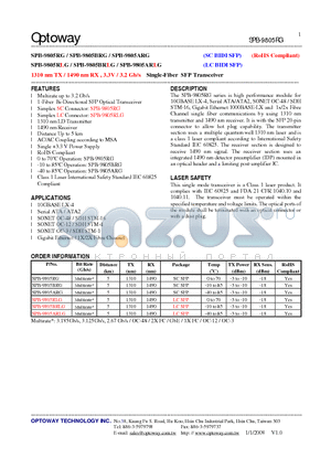 SPB-9805ARG datasheet - 1310 nm TX / 1490 nm RX , 3.3V / 3.2 Gb/s Single-Fiber SFP Transceiver