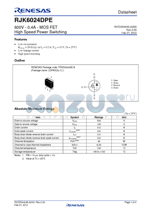 RJK6024DPE datasheet - 600V - 0.4A - MOS FET High Speed Power Switching
