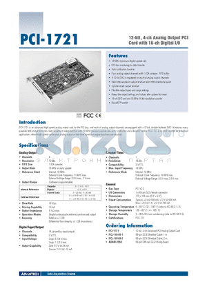 PCI-1721 datasheet - 12-bit, 4-ch Analog Output PCI Card with 16-ch Digital I/O