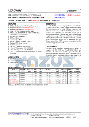 SPB-9805BMLG datasheet - 1310 nm TX / 1490 nm RX , 3.3V / Multirate Single-Fiber SFP Transceiver