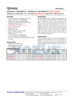 SPB-9805BLWG datasheet - 1310 nm TX / 1490 nm RX , 3.3V / 2.5 Gbps Digital Diagnostic Single-Fiber SFP Transceiver