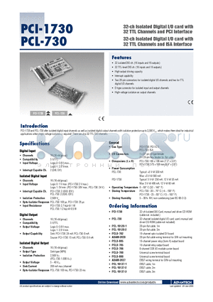 PCI-1730 datasheet - 32-ch Isolated Digital I/O card with 32 TTL Channels and PCI Interface