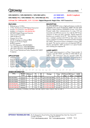 SPB-9805BRWG datasheet - 1310 nm TX / 1490 nm RX , 3.3V / 3.2 Gb/s Digital Diagnostic Single-Fiber SFP Transceiver