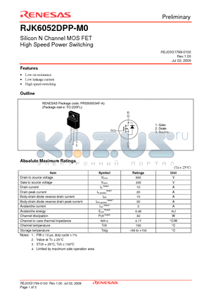 RJK6052DPP-M0 datasheet - Silicon N Channel MOS FET High Speed Power Switching