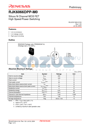 RJK6066DPP-M0 datasheet - Silicon N Channel MOS FET High Speed Power Switching