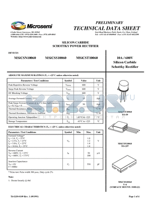 MSICSN10060 datasheet - SILICON CARBIDE SCHOTTKY POWER RECTIFIER