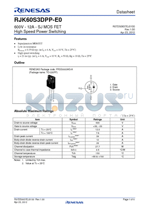 RJK60S3DPP-E0 datasheet - 600V - 12A - SJ MOS FET High Speed Power Switching