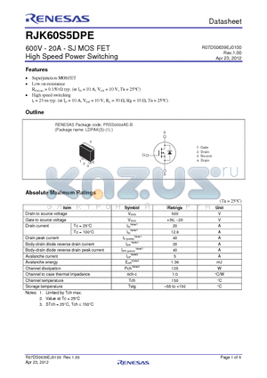 RJK60S5DPE datasheet - 600V - 20A - SJ MOS FET High Speed Power Switching