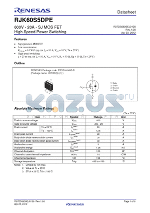 RJK60S5DPE-00-J3 datasheet - 600V - 20A - SJ MOS FET High Speed Power Switching