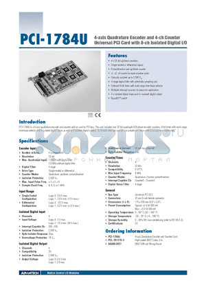 PCI-1784U datasheet - 4-axis Quadrature Encoder and 4-ch Counter Universal PCI Card with 8-ch Isolated Digital I/O