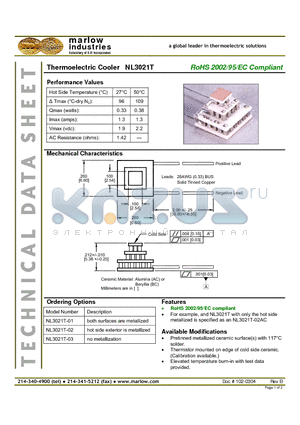 NL3021T-01 datasheet - Thermoelectric Cooler