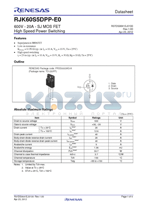 RJK60S5DPP-E0 datasheet - 600V - 20A - SJ MOS FET High Speed Power Switching