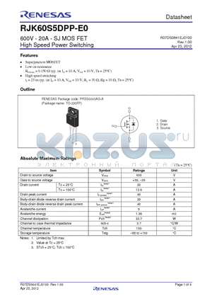 RJK60S5DPP-E0-T2 datasheet - 600V - 20A - SJ MOS FET High Speed Power Switching