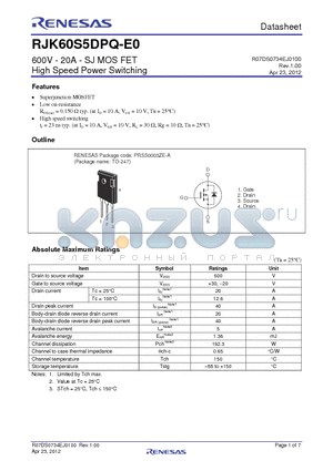 RJK60S5DPQ-E0 datasheet - 600V - 20A - SJ MOS FET High Speed Power Switching