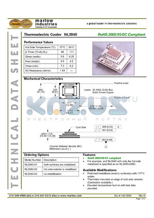 NL3040 datasheet - Thermoelectric Cooler