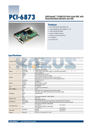 PCI-6873F-L0A1E datasheet - AMD Geode LX800 PCI Half-sized SBC with VGA/LCD/LVDS/LAN/SATA and SSD