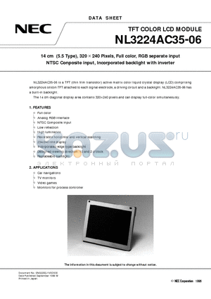 NL3224AC35-06 datasheet - 14 cm 5.5 Type, 320 x 240 Pixels, Full color, RGB separate input NTSC Conposite input, Incorporated backlight with inverter