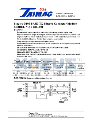 RJL-001 datasheet - Single 10/100 BASE-TX Filtered Connector Module