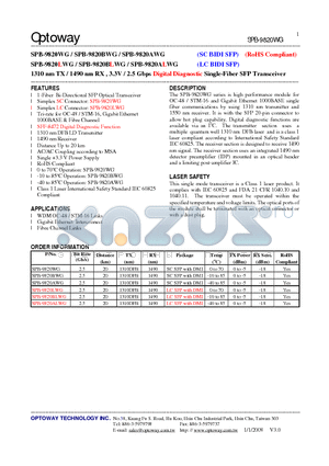 SPB-9820AWG datasheet - 1310 nm TX / 1490 nm RX , 3.3V / 2.5 Gbps Digital Diagnostic Single-Fiber SFP Transceiver