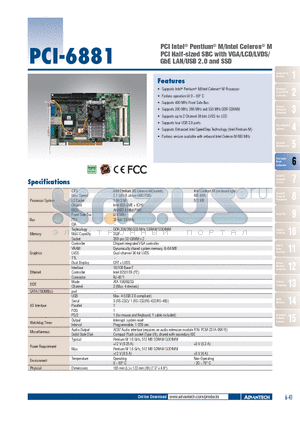 PCI-6881 datasheet - PCI Intel^ Pentium^ M/Intel Celeron^ M PCI Half-sized SBC with VGA/LCD/LVDS/GbE LAN/USB 2.0 and SSD